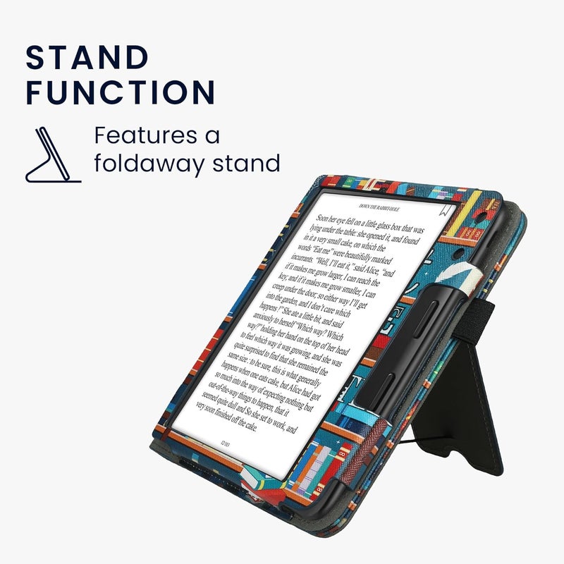 kwmobile Case Compatible with Kobo Libra Colour - Case PU Leather Cover with Magnet Closure, Stand, Strap, Card Slot - Library Motto Multicolor - Image 5